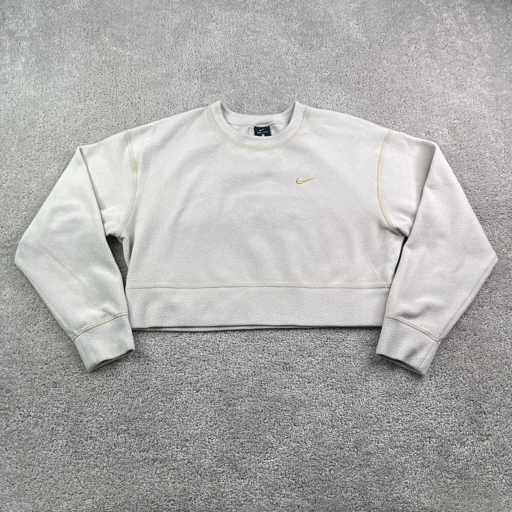 Nike Sweatshirt Women Medium Beige Thermal Fleece Crop Dri FIT Gold Swoosh Cozy